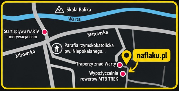 Mapka dojazdu: serwis naflaku.pl przy ul. Hektarowej, obok wypożyczalni rowerów MTB TREK, na południe od Warty i ulicy Mstowskiej